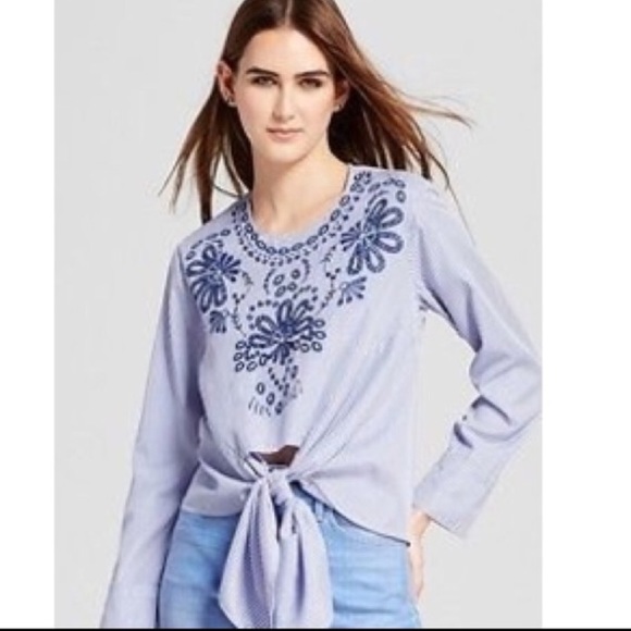Cliche Tops - CLICHÉ Blue Stripe Embroidered Top